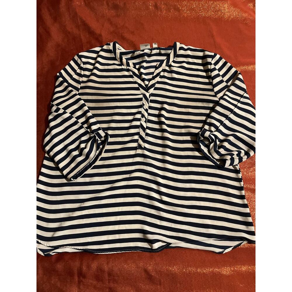 Soho NY & Company Top Womens XL Navy White Striped Henley 3/4 Sleeve Button